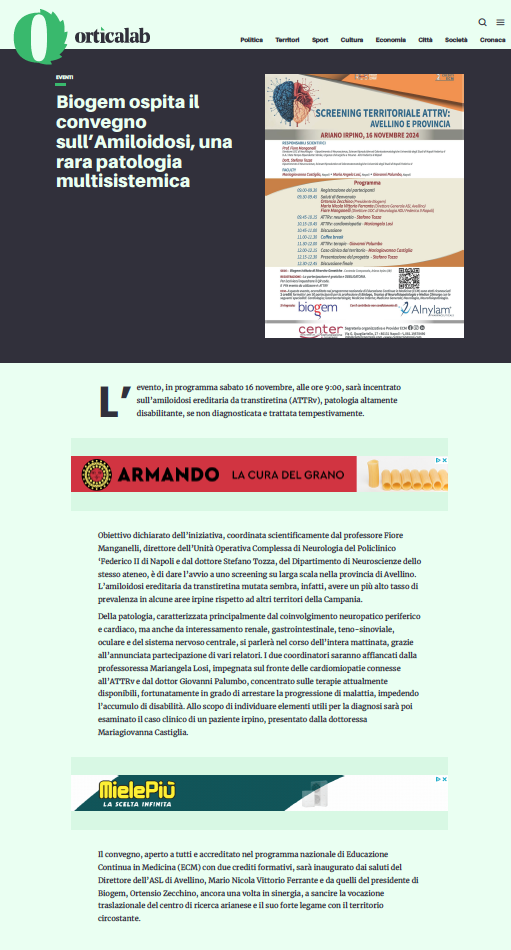 Biogem ospita il convegno sull’Amiloidosi, una rara patologia multisistemica